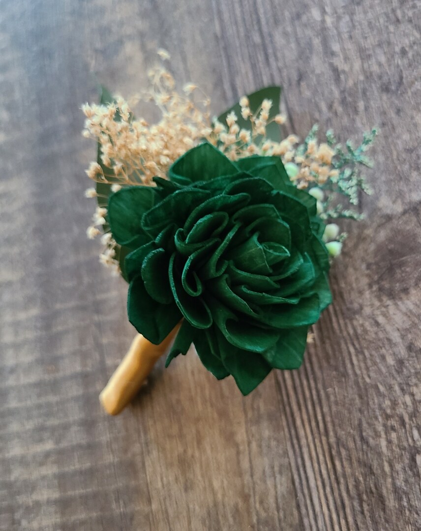 Dark Hunter Green and Gold Wood Flower Boutonniere | MakerPlace by Michaels Dark Hunter Green and Gold Wood Flower Boutonniere | MakerPlace by Michaels